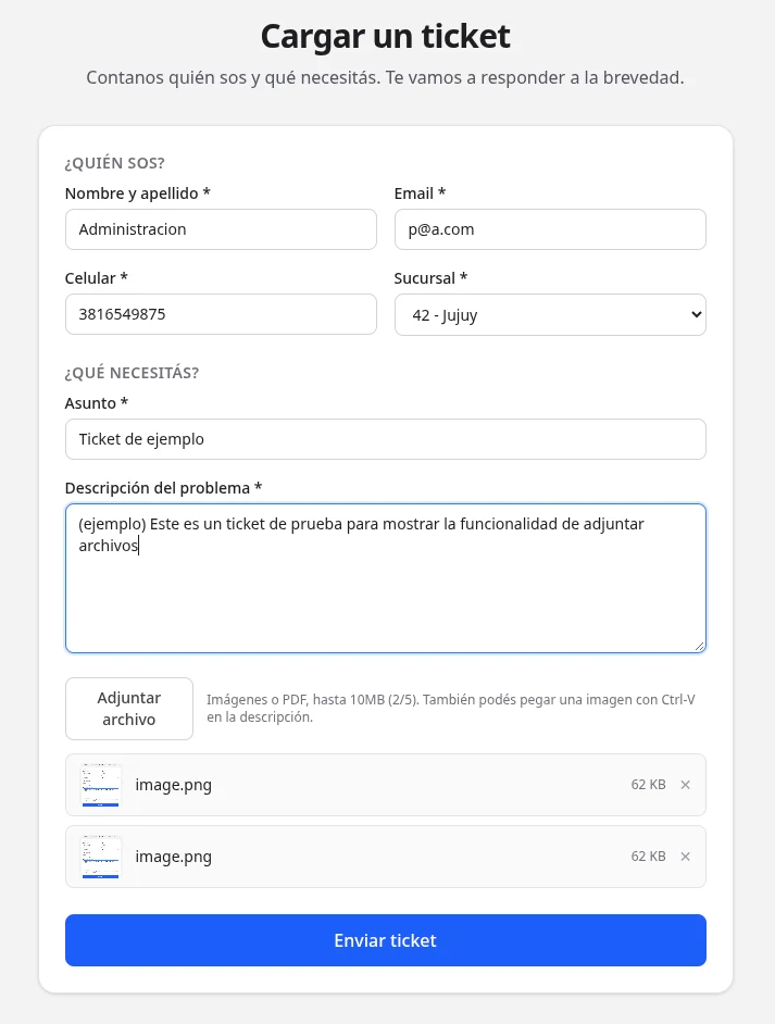 Formulario público de carga de ticket con datos, sucursal y adjuntos
